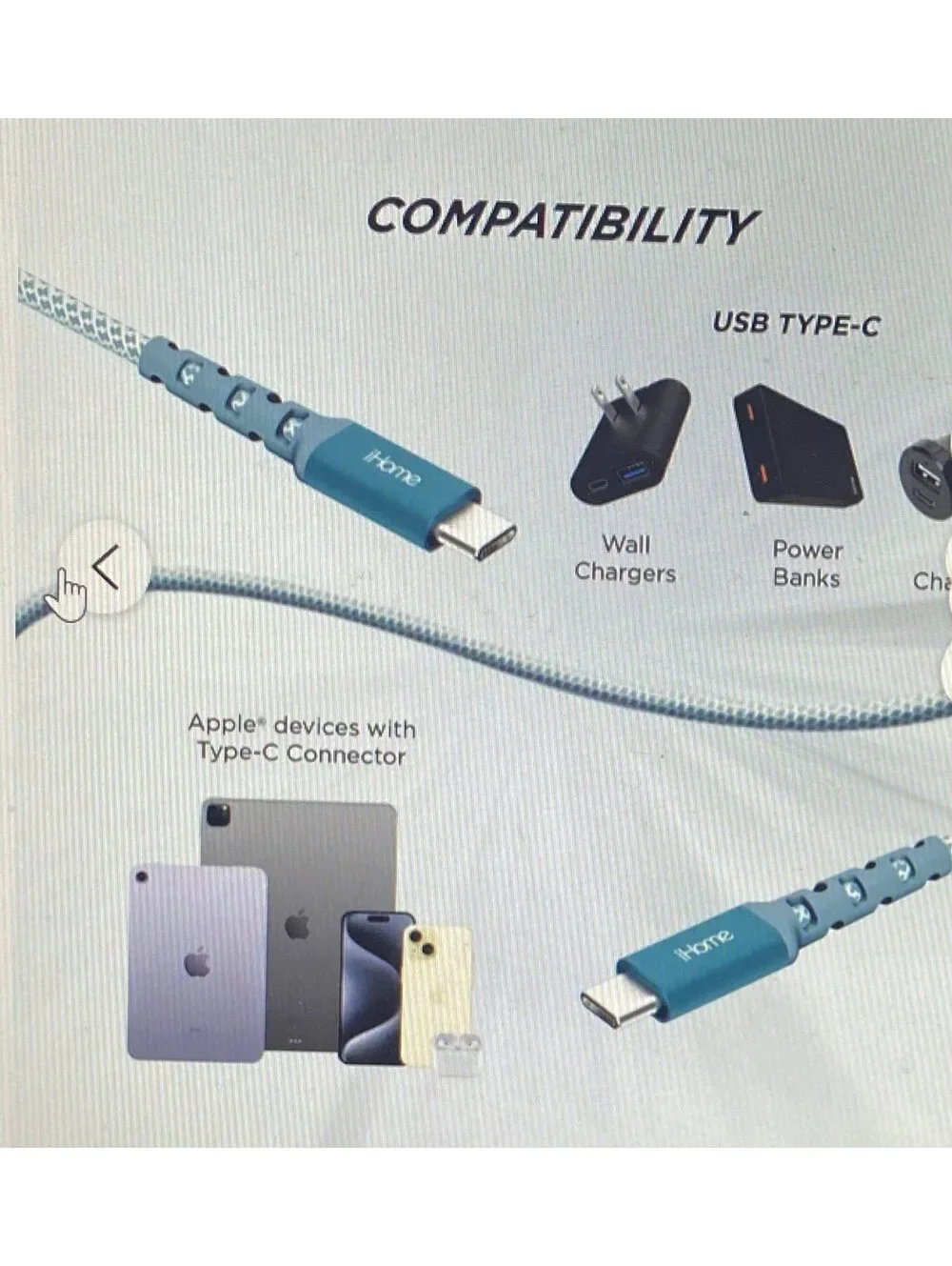 IHOME 6ft USB-C to USB-C Cable Nylon Braided with Cable Wrap Blue